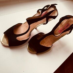 Black suede, Betsy Johnson, gold heel sandals